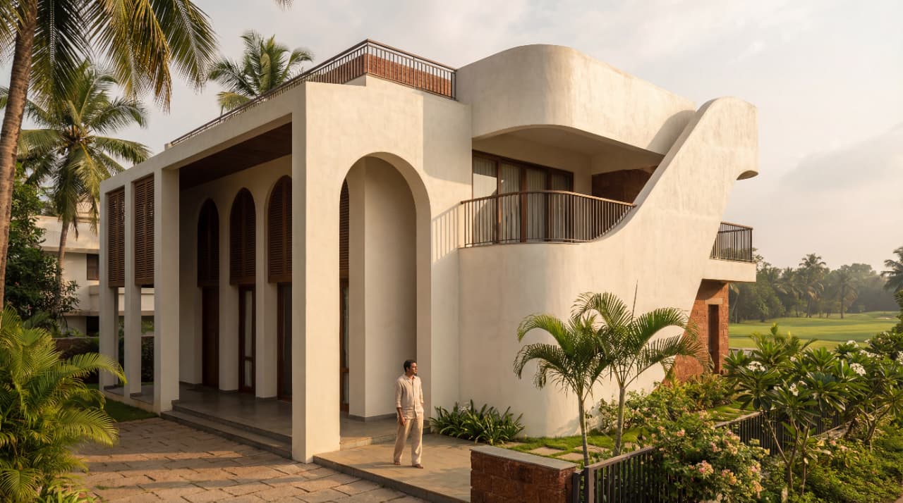 Sculptural white villa with arched verandah and curved parapet overlooking a golf green