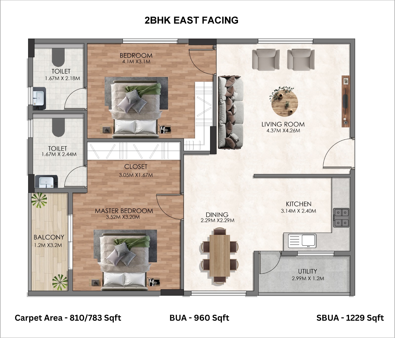 2 BHK East Facing floor plan — 1,229 sq.ft