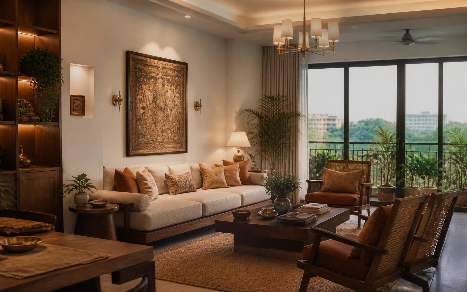 UrbanEarth interior design — warm modern living room in a North Bangalore home