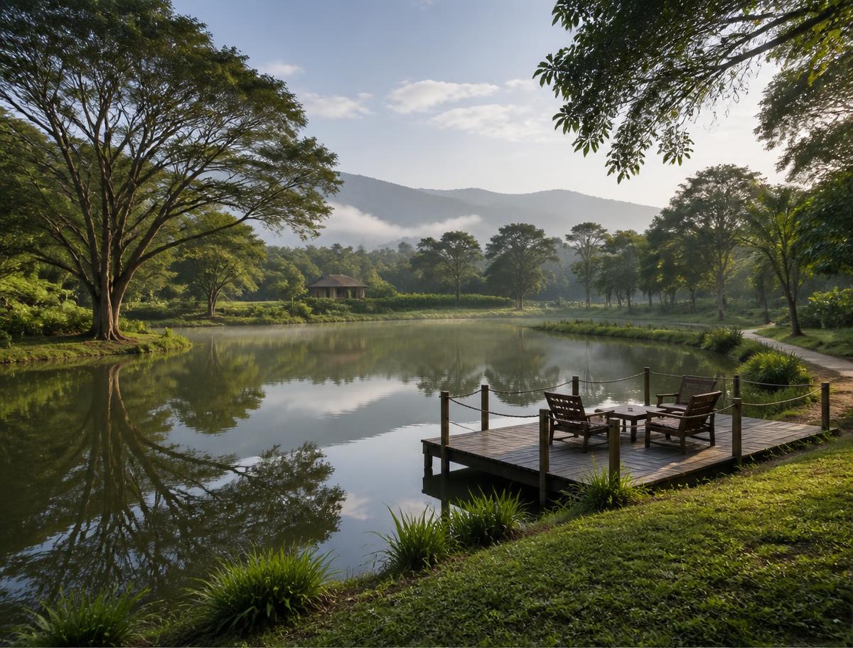 Central pond with a wooden sit-out deck and nature walk at Project 2 Sakleshpur managed farmland
