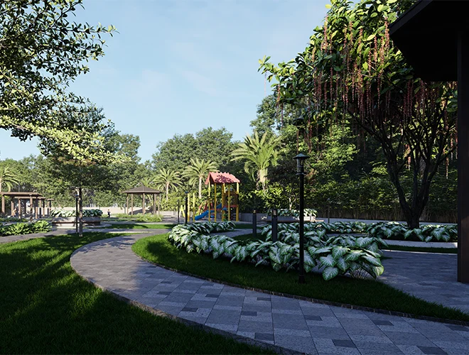 Wellness gardens and shaded walkway inside the Project 1 Varthur villa community
