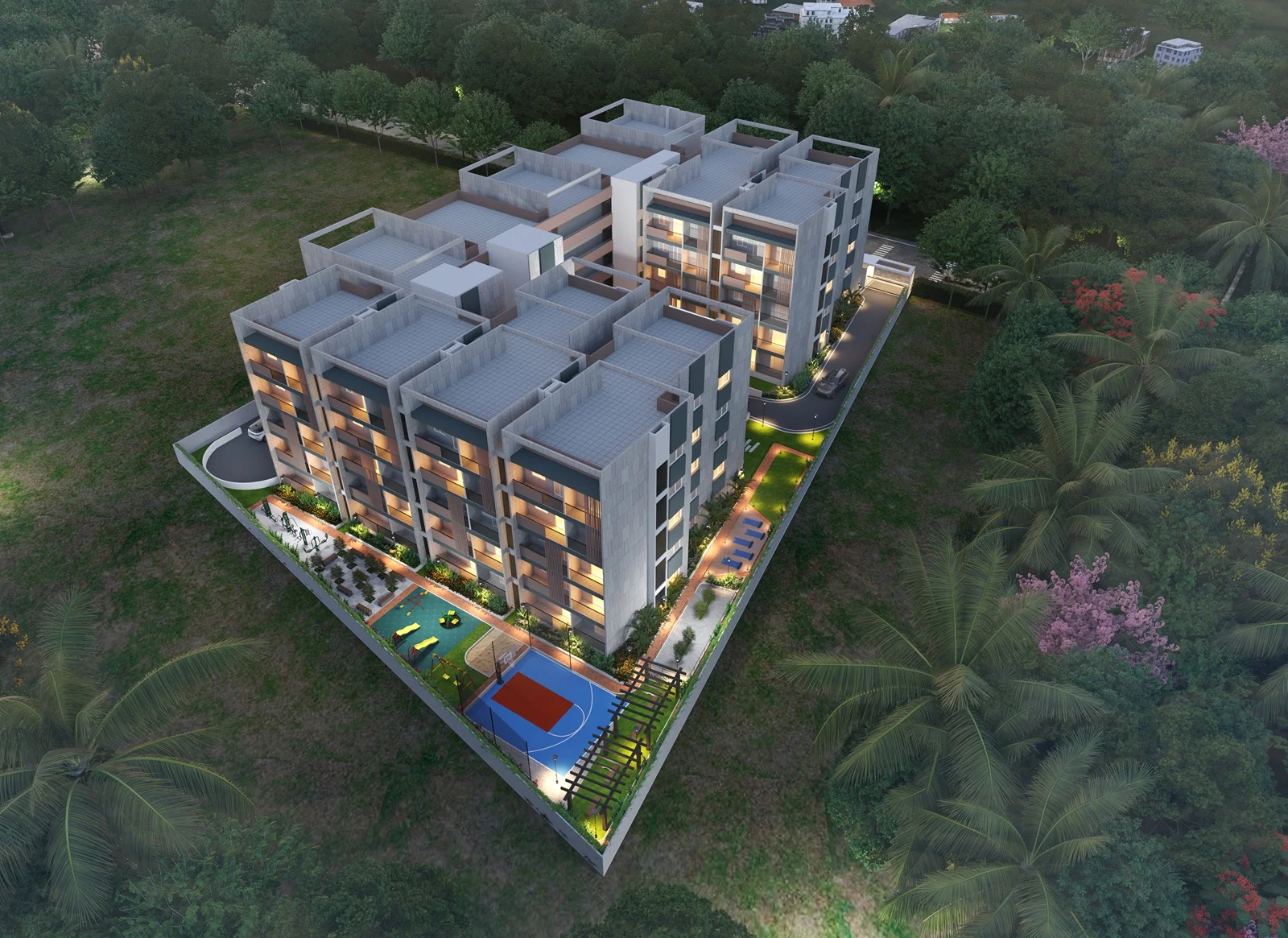 UrbanEarth Apartments — aerial view at dusk