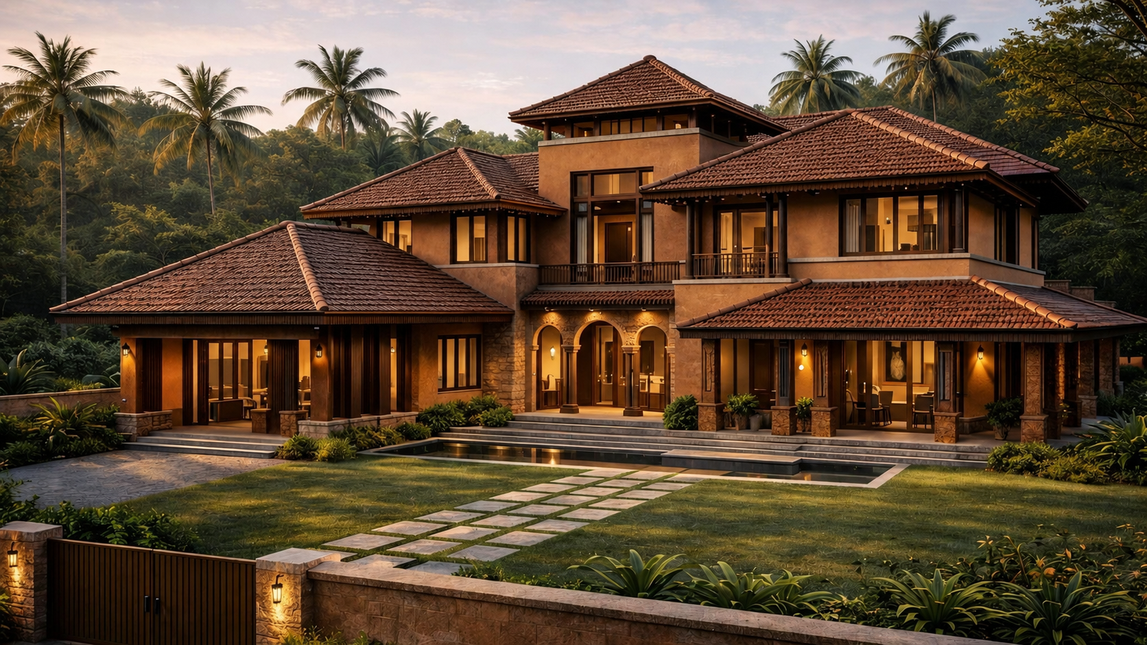 Traditional Kerala courtyard home at dusk