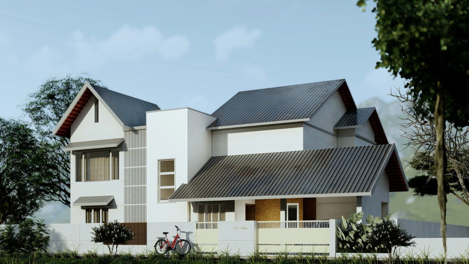 Kerala gable-roof residence in white and grey with layered pitched roofs and clean modern lines