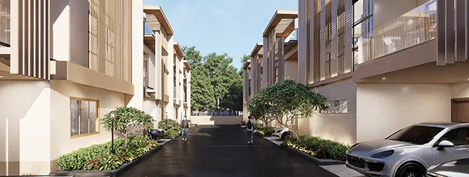 Tree-lined Mediterranean boulevard with pedestrian edges at Project 1 Varthur