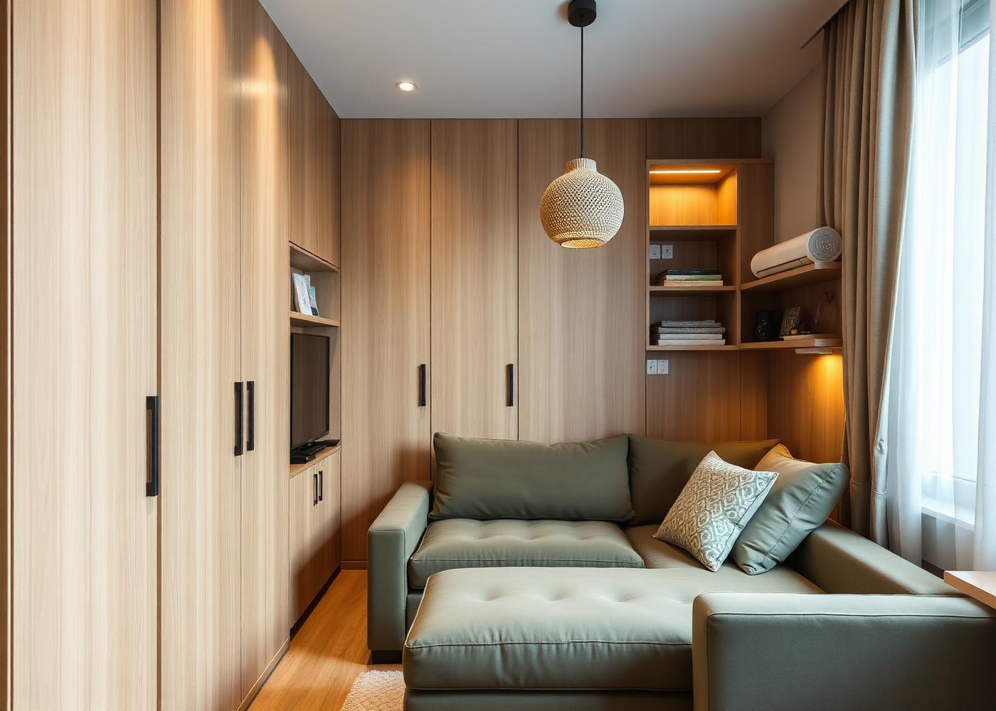 Compact 2 BHK apartment interior in Hebbal with wall-to-wall storage and olive sectional sofa