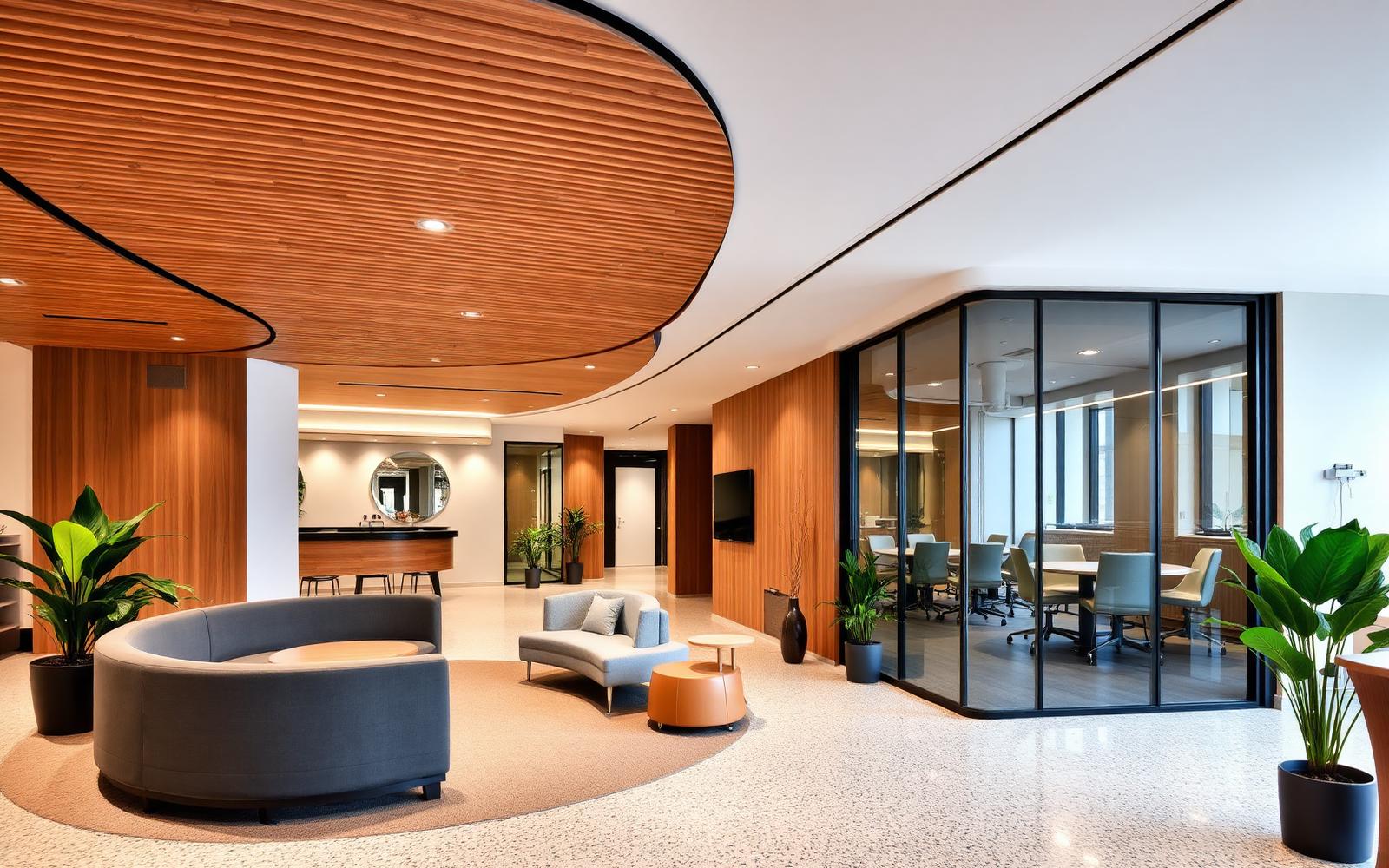 3,400 sqft boutique office interior with acoustic ceiling and warm wood finishes in Jakkur
