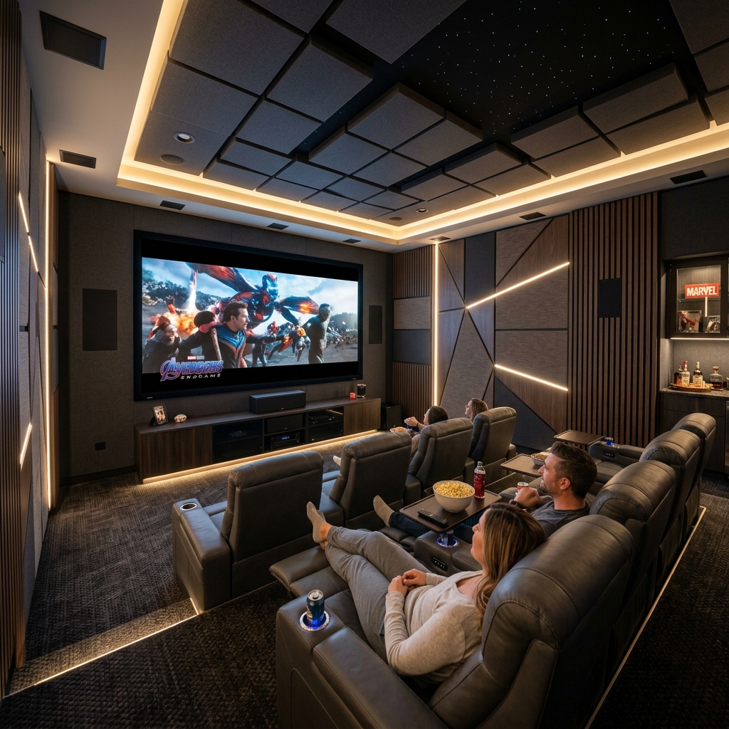 Luxury home theatre with acoustic paneling, ambient lighting and recliner seating
