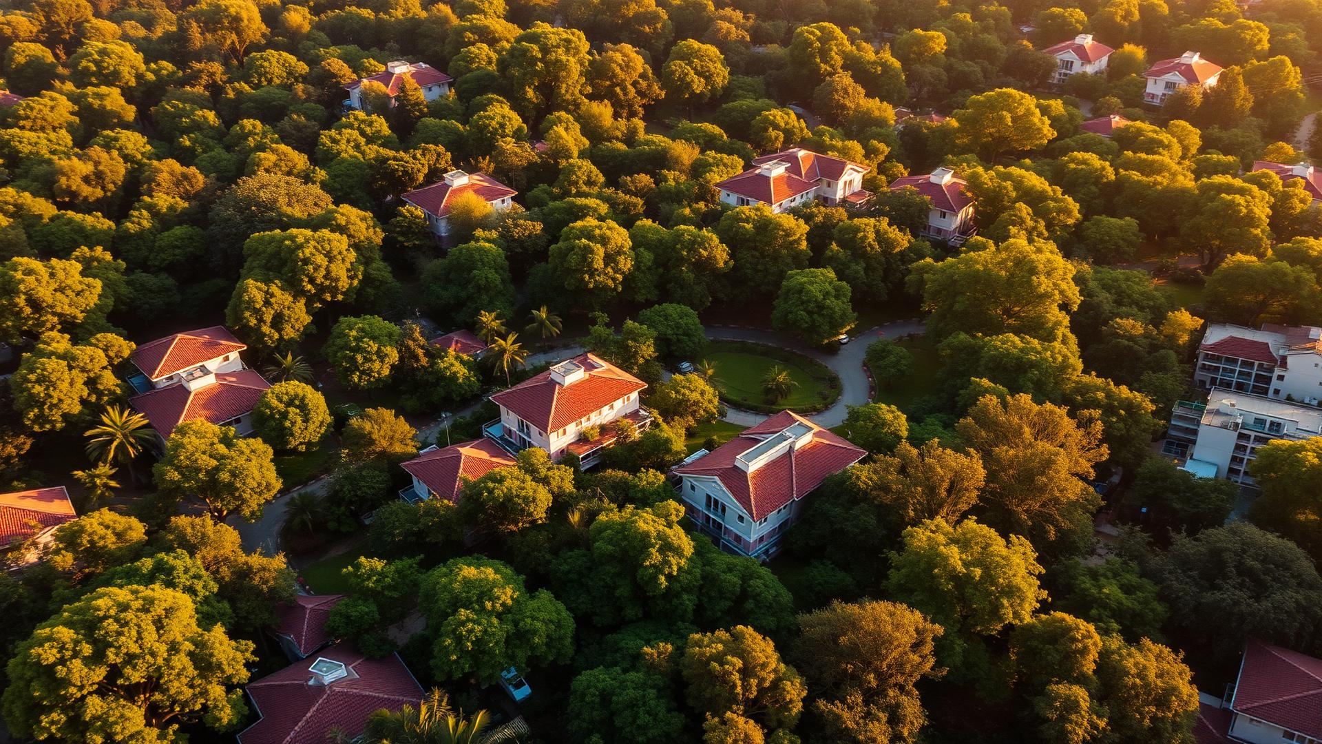Aerial view of a lush green North Bangalore community at golden hour
