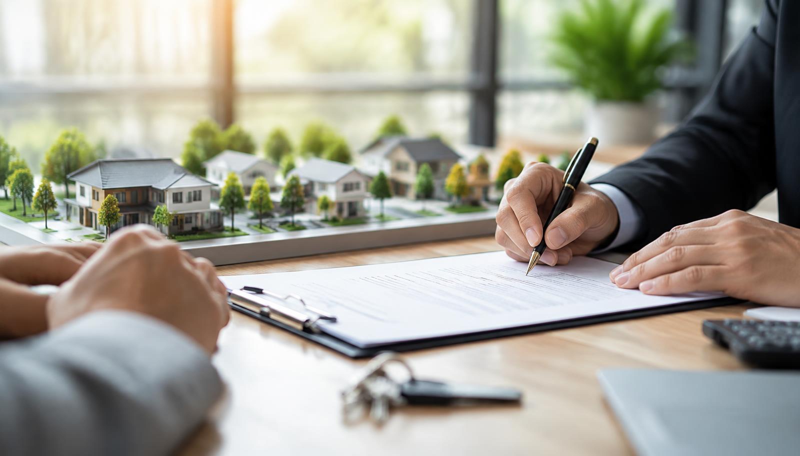 A buyer signing property documents beside a scale model of a housing layout