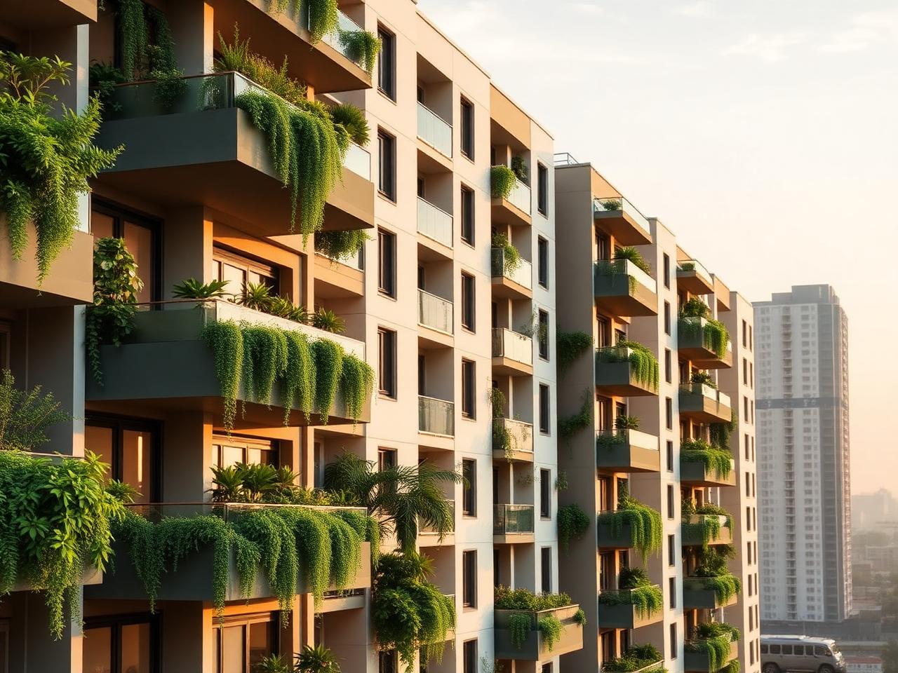 Modern low-rise apartment tower surrounded by native landscaping