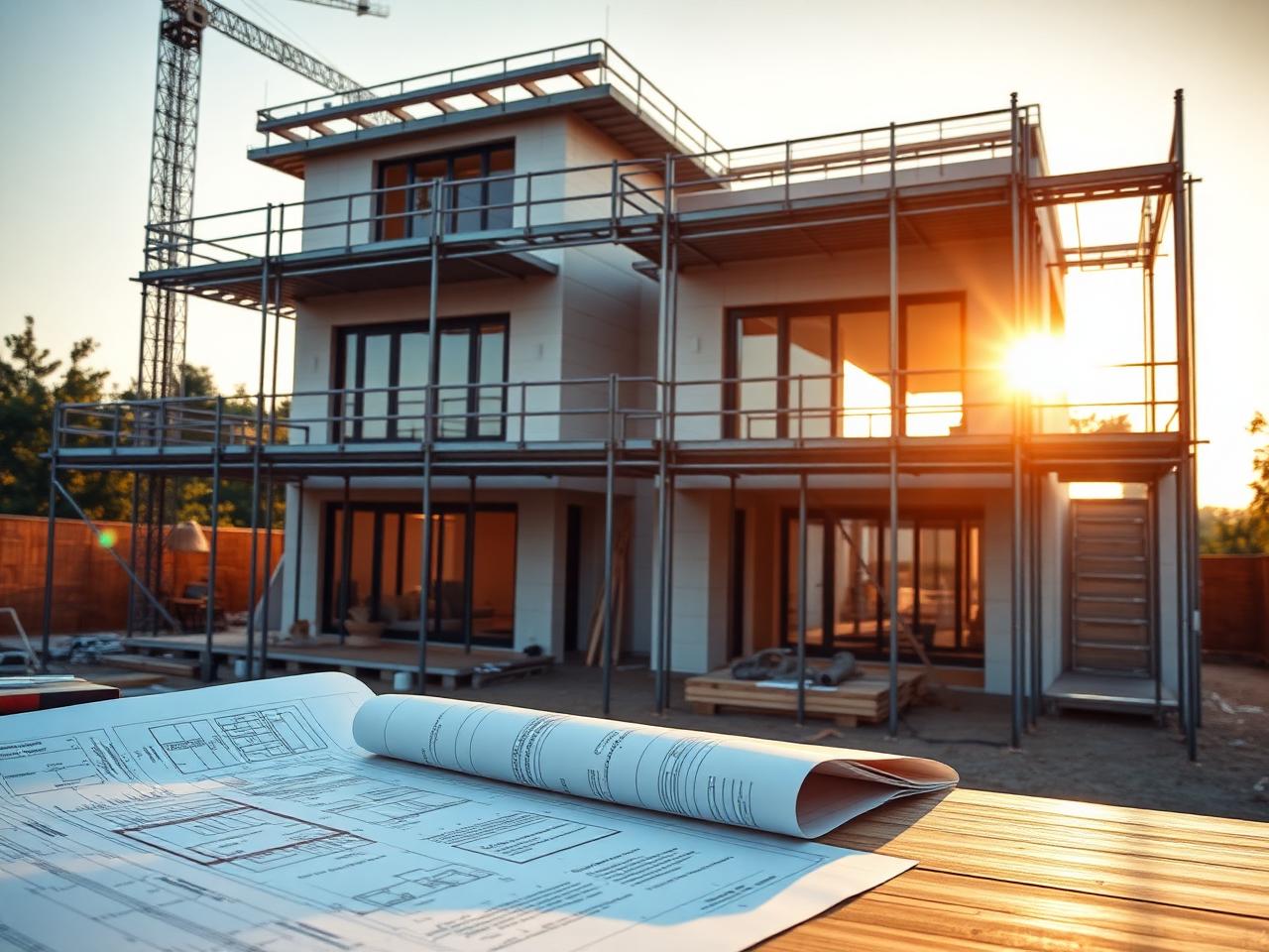 Residential construction site with clean framing and safety scaffolding