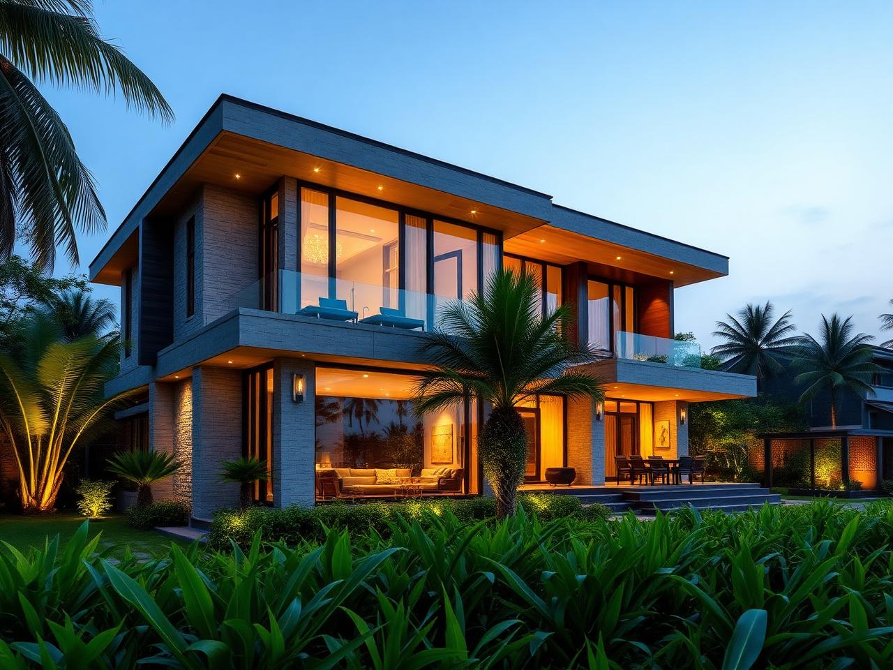 Contemporary UrbanEarth villa facade at dusk with warm lighting