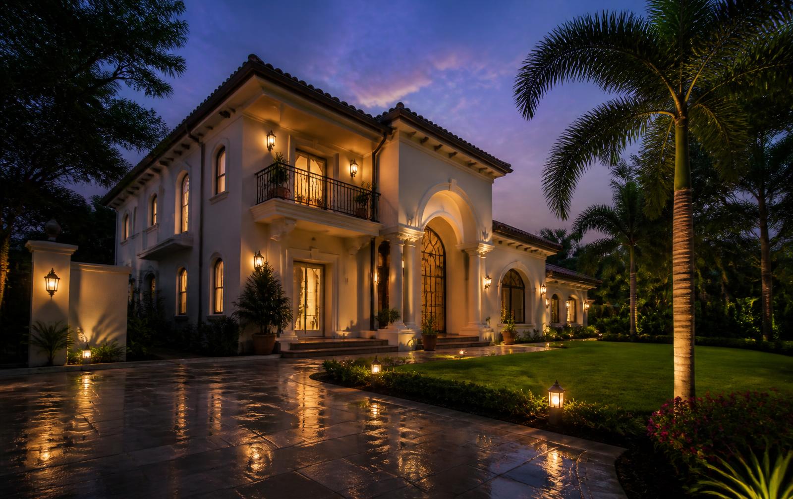 Project 4 Yelahanka boutique luxury villa facade with arched portico at twilight