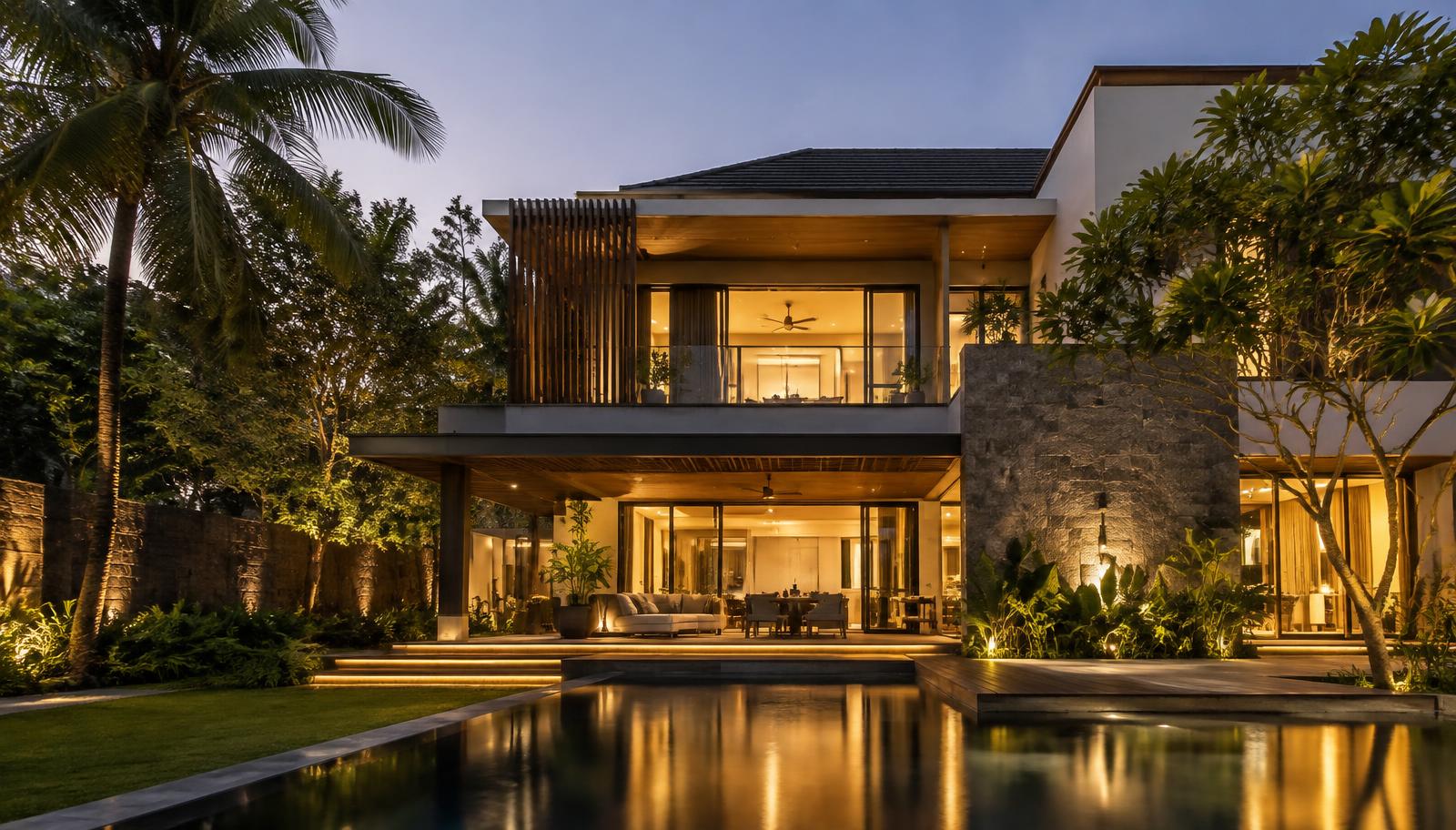 An UrbanEarth villa exterior lit warmly at dusk beside a reflecting pool